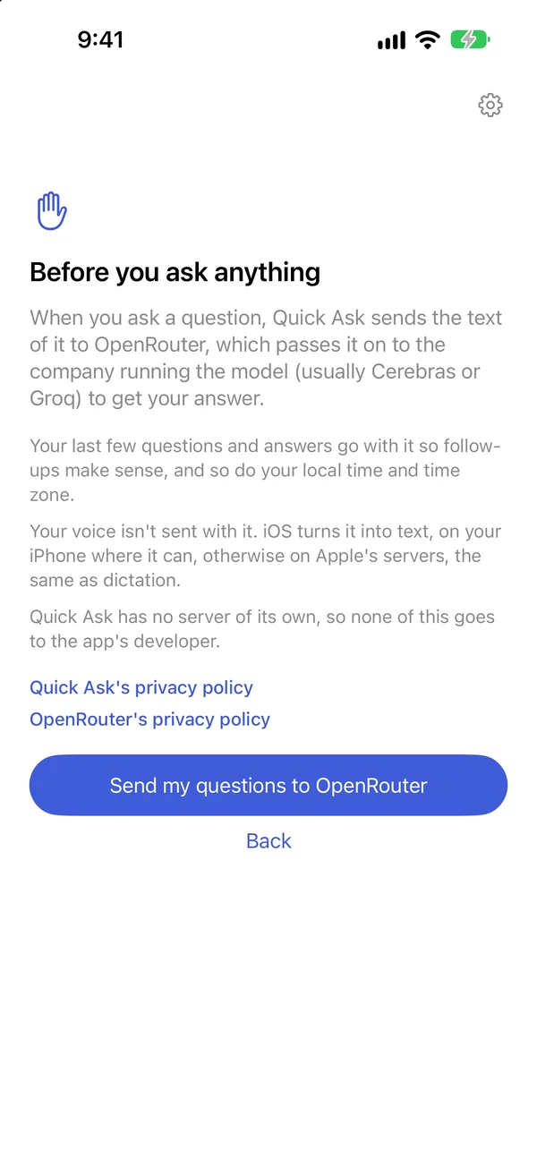 Before you ask anything: a screen saying the text of each question goes to OpenRouter and on to the company running the model, with a button to send questions to OpenRouter