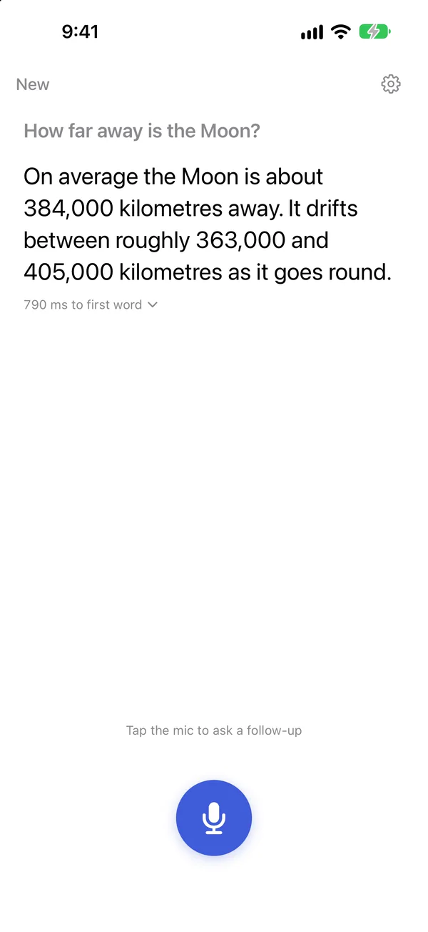The answer to How far away is the Moon: on average about 384,000 kilometres. Under it, 790 ms to first word