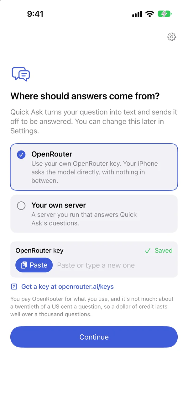 The first run asking where answers should come from: OpenRouter, using your own OpenRouter key, or your own server, with the OpenRouter key saved
