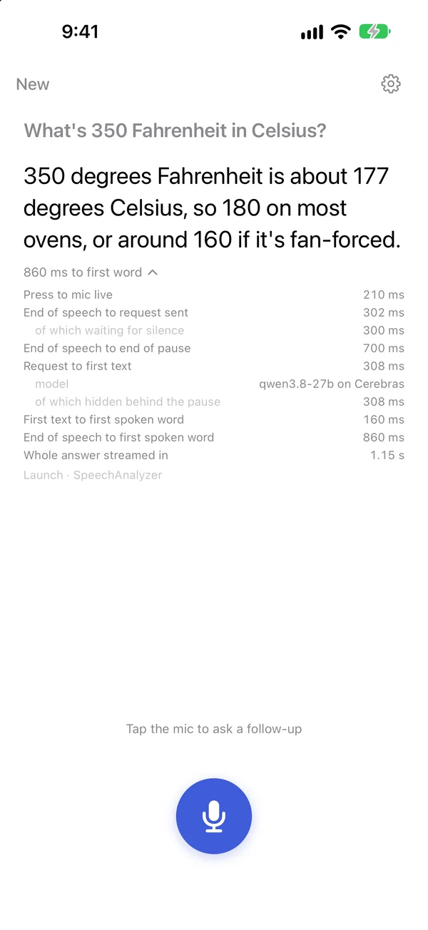 350 Fahrenheit in Celsius, with the timing line tapped open to show the breakdown, from press to mic live down to 860 ms from end of speech to the first spoken word